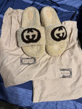 Gucci Cream Shearling Slides with Dark Brown Logo